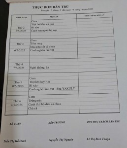 THỰC ĐƠN BÁN TRÚ TUẦN 33