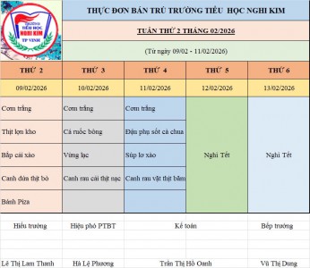 THỰC ĐƠN BÁN TRÚ TUẦN THỨ HAI THÁNG 2 NĂM 2026