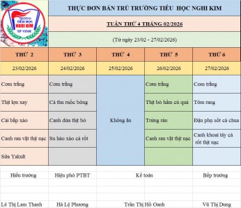 THỰC ĐƠN BÁN TRÚ TUẦN THỨ 4 THÁNG 2/2026