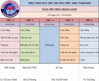 THỰC ĐƠN BÁN TRÚ TUẦN THỨ NHÁT THÁNG 4/2026