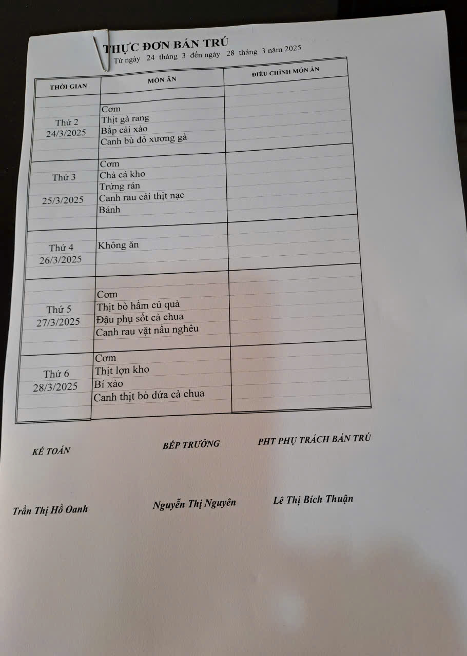 THỰC ĐƠN BÁN TRÚ TUẦN 27