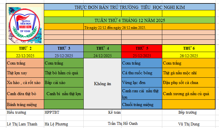 THỰC ĐƠN BÁN TRÚ TUẦN THỨ 4 THÁNG 12 NĂM 2025
