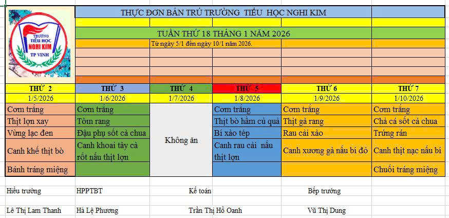 THỰC ĐƠN BÁN TRÚ TUẦN THỨ NHẤT THÁNG 1 NĂM 2026