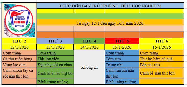 THỰC ĐƠN BÁN TRÚ TUẦN THỨ 2 THẮNG 1 NĂM 2026