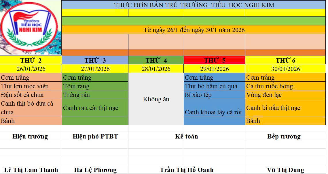 THỰC ĐƠN BÁN TRÚ TUẦN THỨ TƯ THÁNG 1 NĂM 2026