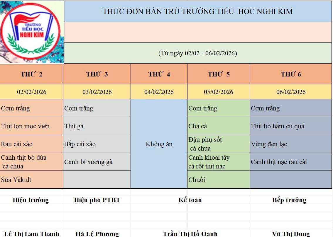 THỰC ĐƠN BÁN TRÚ TUẦN THỨ NHẤT THÁNG 2 NĂM 2026