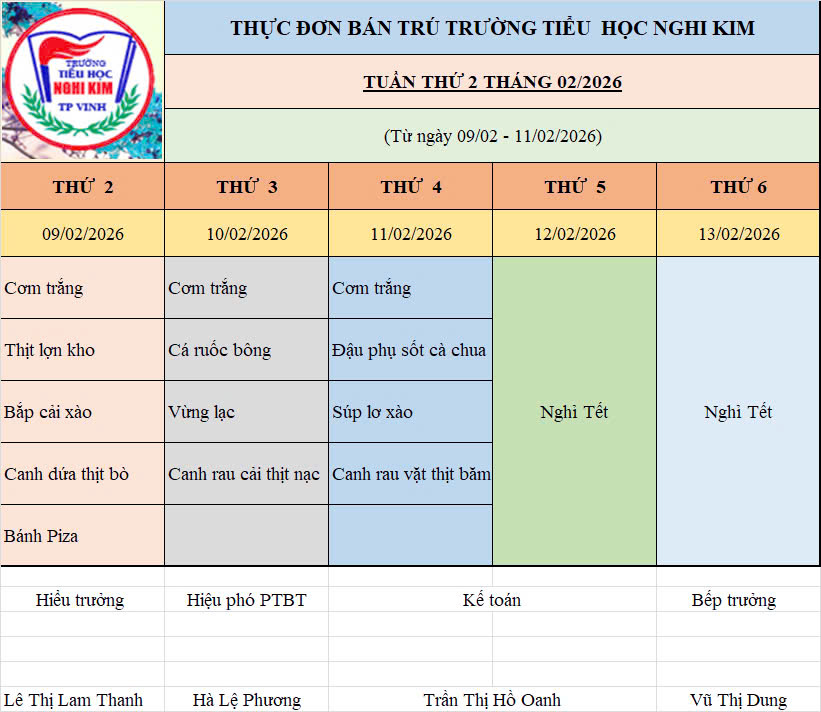 THỰC ĐƠN BÁN TRÚ TUẦN THỨ HAI THÁNG 2 NĂM 2026