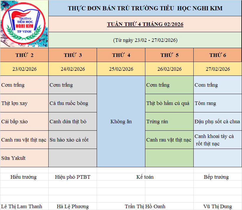 THỰC ĐƠN BÁN TRÚ TUẦN THỨ 4 THÁNG 2/2026