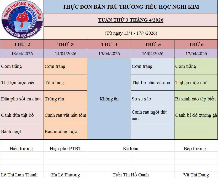THỰC ĐƠN BÁN TRÚ TUẦN THỨ 3 T4.2026