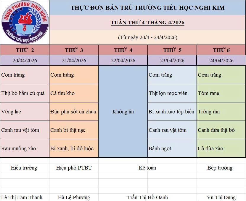 THỰC ĐƠN BÁN TRÚ TUẦN THỨ 4 THÁNG 4/2026