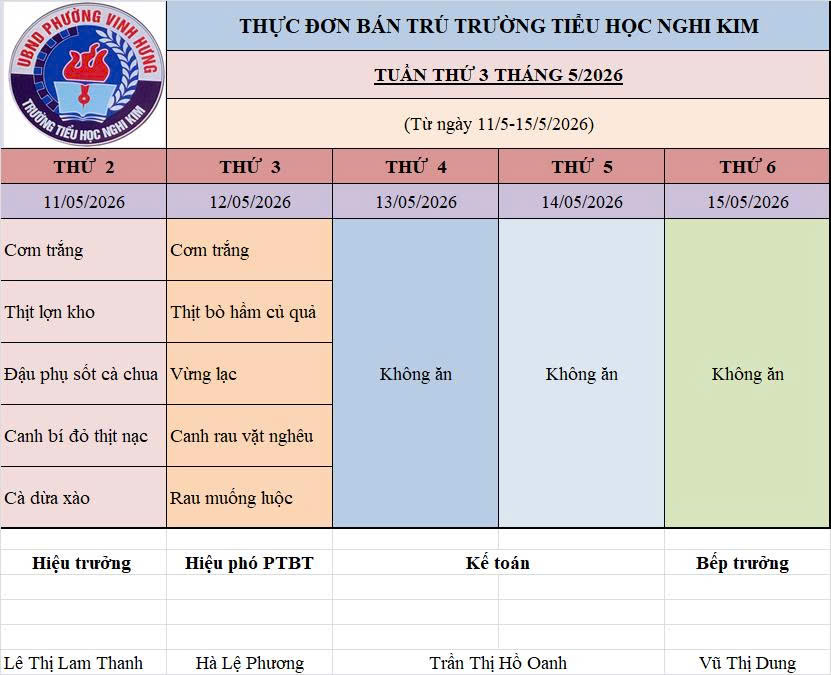 THỰC ĐƠN BÁN TRÚ TUẦN THỨ 3 THÁNG 5/2026