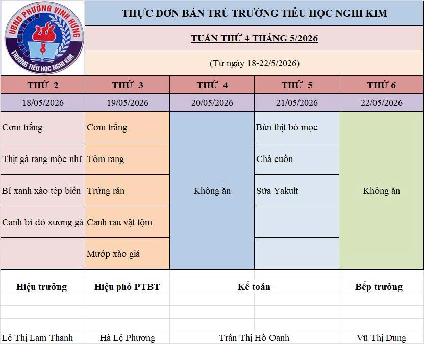 THỰC ĐƠN BÁN TRÚ TUÀN 36/2026