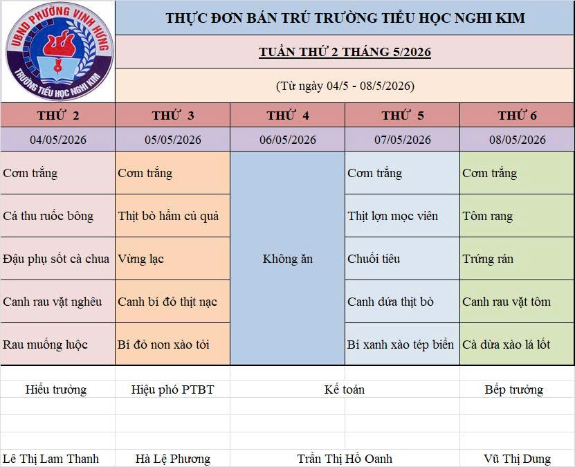 THỰC ĐƠN BÁN TRÚ TUẦN THỨ 2 T5.2026