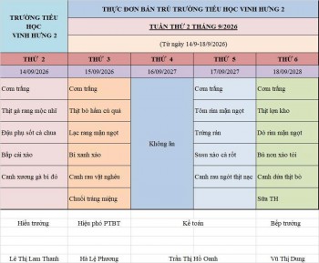 THỰC ĐƠN BÁN TRÚ TUẦN 2 THÁNG 9/2026
