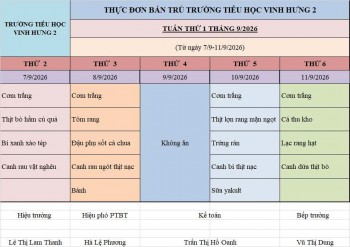 THỰC ĐƠN BÁN TRÚ TUẦN 1 THÁNG 9/2026