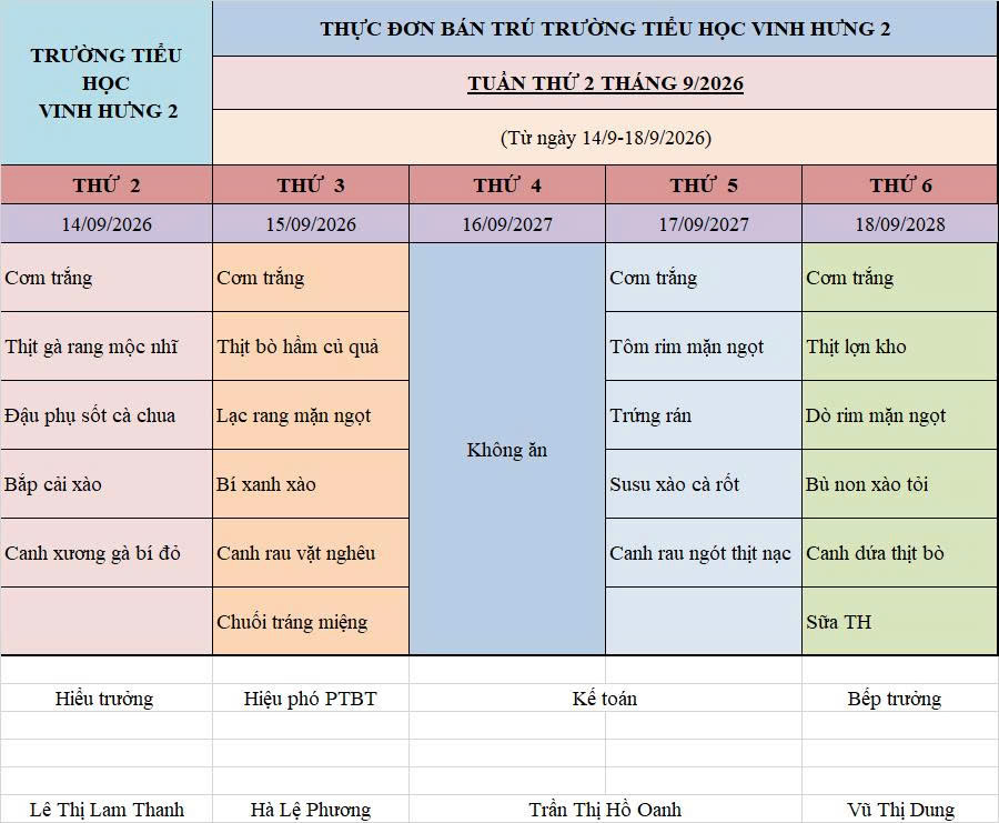 THỰC ĐƠN BÁN TRÚ TUẦN 2 THÁNG 9/2026