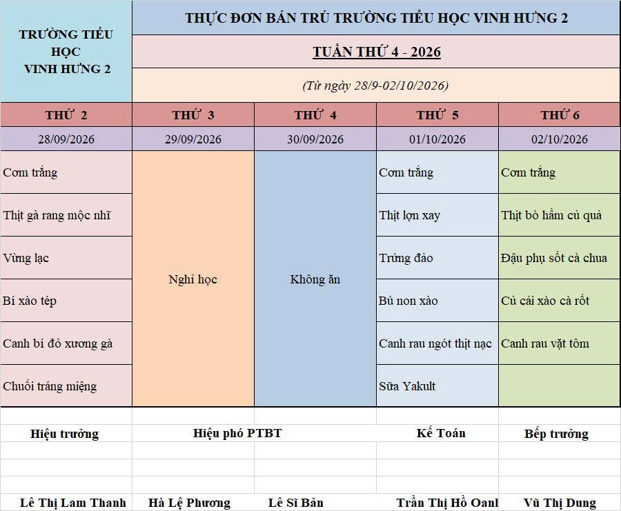 THỰC ĐƠN BÁN TRÚ TUẦN 4 - 2026